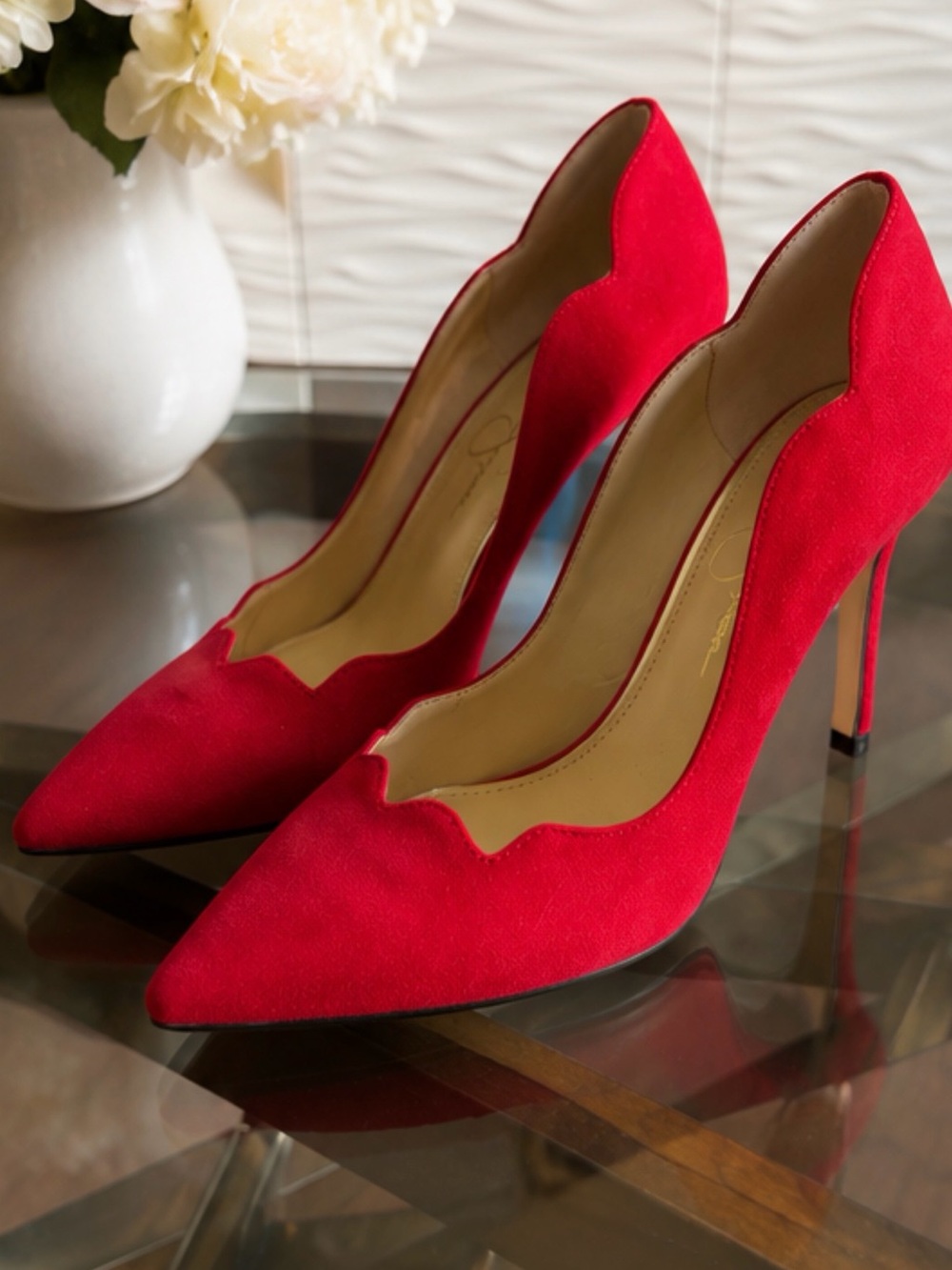 Jessica Simpson Red Scalloped Pointed-Toe Suede Pumps